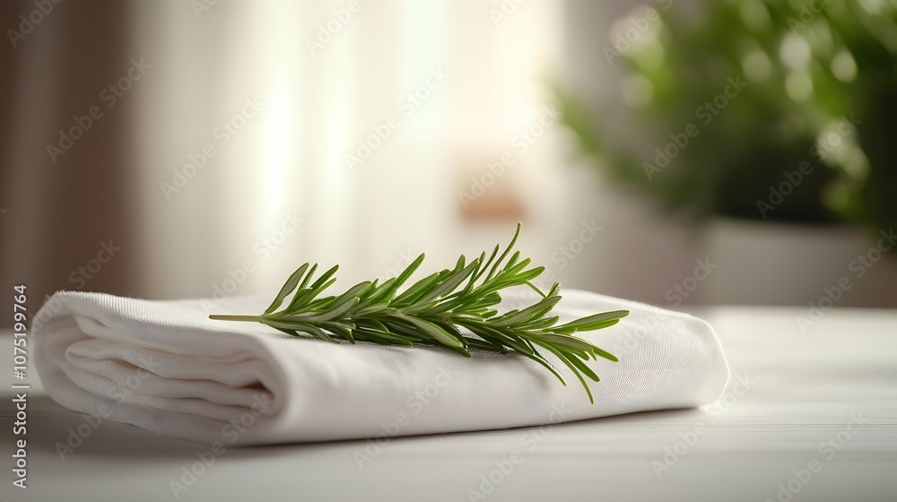 Poster a plain background with a folded linen napkin and a sprig of rosemary, creating a clean and elegant 