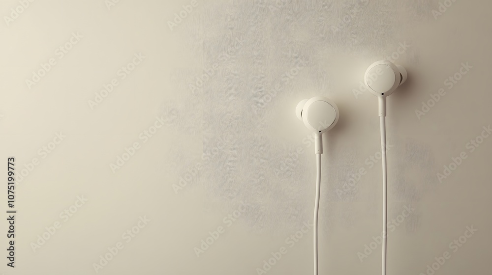 Aufkleber a soft, neutral background with a single pair of white earbuds neatly placed, capturing the simplici