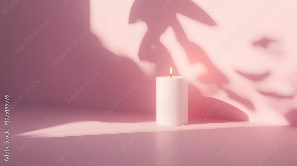 Poster a single white candle placed on a pale pink surface, casting a delicate shadow to create a soft mini