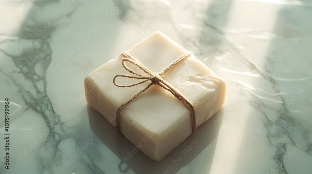 Poster a smooth white surface with a single bar of handmade soap, tied with a thin piece of twine, highligh