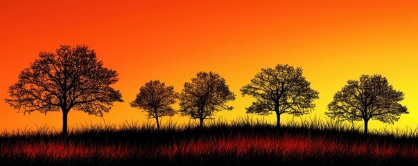 Naklejka premium A silhouette of trees stands against a vibrant orange sunset, creating a serene and peaceful landscape.