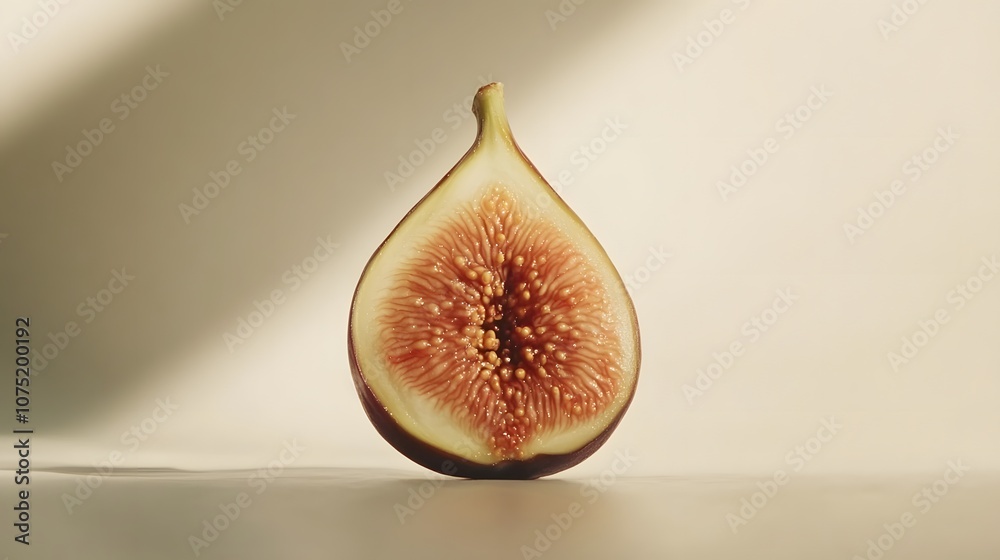 Poster a minimalist scene with a single ripe fig sliced in half on a pale background, capturing natural tex