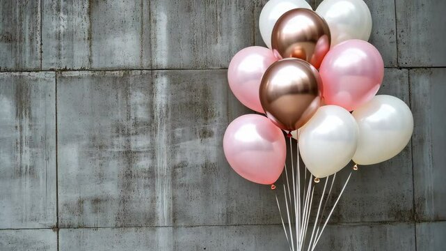 A bouquet of pink, white, and rose gold balloons against a gray concrete wall