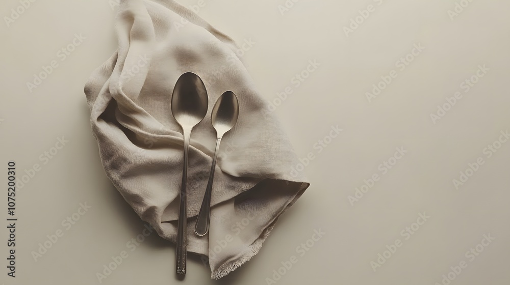 Poster a neutral-toned background with a folded beige linen napkin and a small silver spoon, creating a ser
