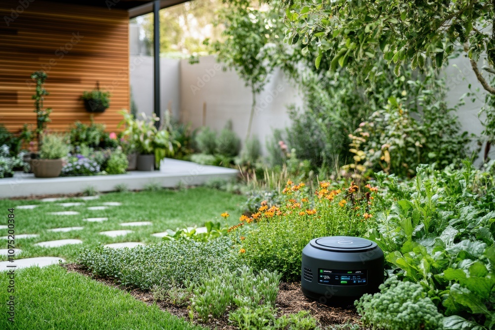 Poster this smart garden showcases vibrant flowers and lush greenery, enhanced by automated sprinklers and 