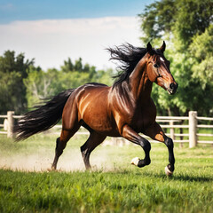 Obraz premium Majestic Brown Horse Running in a Green Field