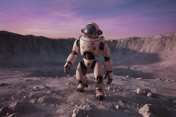Robot Astronaut Exploring Rocky Terrain at Dusk
