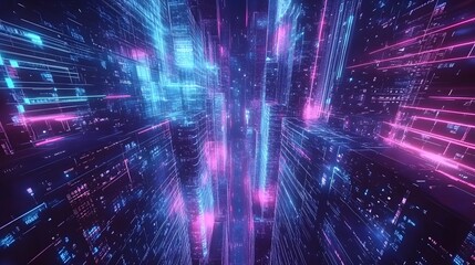 Fototapeta premium A hyper-futuristic cityscape with glowing skyscrapers and flowing digital lines across the sky, blending surreal colors of neon blue and pink, with layers of holographic advertisements illuminating