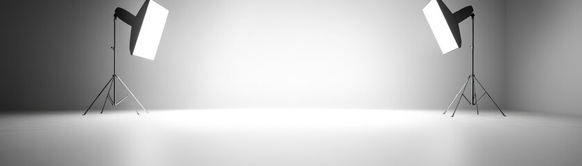A minimalist photography studio with two bright lights positioned at angles, illuminating a clean, empty backdrop.
