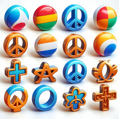 3D Glossy Peace Symbols Set: Iconic Representations of Harmony, Diversity, and Unity for World Religion Day Infographics - Isolated on White Background for Emphasizing Peace Across Religions.