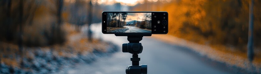 A smartphone on a tripod captures a scenic road with autumn foliage, showcasing nature and technology in harmony.