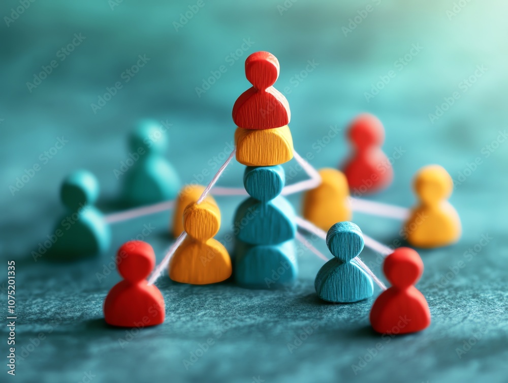 Aufkleber Colorful wooden figures in a pyramid shape connected by strings on a green background.