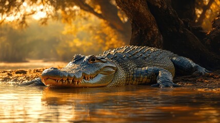 Obraz premium A crocodile resting by the water in a serene natural setting.