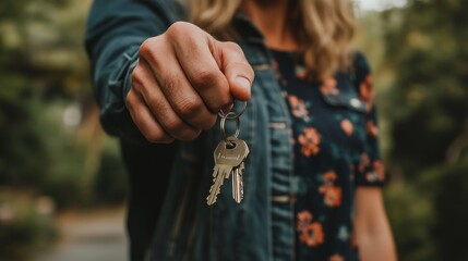 Fototapeta premium New Homeowner Holds Keys, Celebrating Real Estate Purchase, Close Up on Keys and Hands
