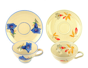 Vintage porcelain cups and saucer isolated on white background. Collage.
