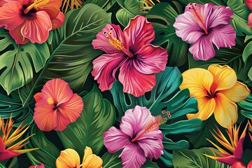 A lively tropical floral pattern showcasing colorful flowers and lush green leaves 