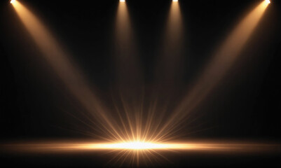Three spotlights illuminate a dark stage with their warm, golden light