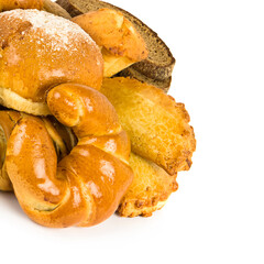 Croissants and sweet pastries isolated on white. Free space for text.