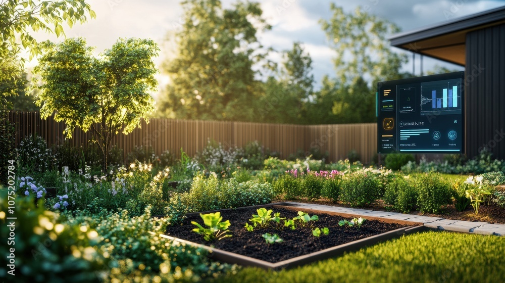Poster this smart garden showcases flourishing plants with automated sprinklers and soil sensors operating 
