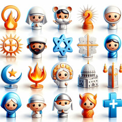 Fototapeta premium 3D Glossy Faith Icons Set - Religious Symbols for World Religion Day Infographics, Isolated White Background, Vibrant and Eye-catching Designs Representing Diverse Beliefs and Faiths