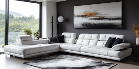 White sectional leather sofa with black pillows in modern living room with abstract art and a large window overlooking green hills.