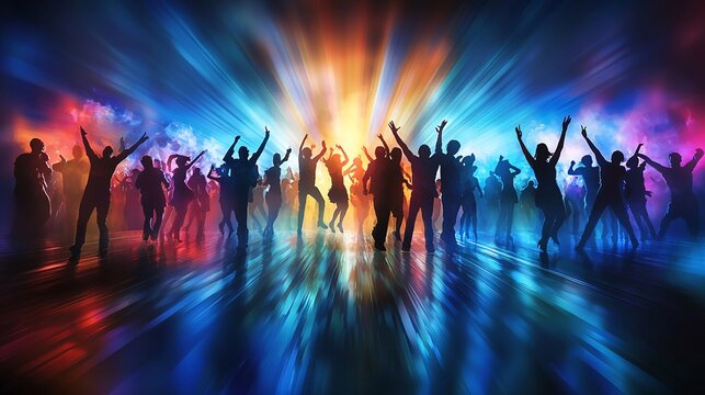 A vibrant scene of a dance party with energetic silhouettes against a colorful background, capturing the joy and excitement of nightlife and celebration.