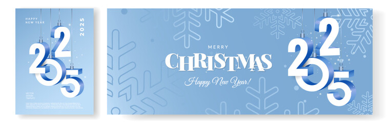 Merry Christmas and Happy New Year 2025 greeting card, banner set. Luxury Xmas modern design with typography, snowflakes on blue background.