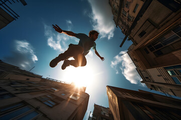 photo of a parkour athlete jumping between buildings