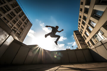Fototapeta premium photo of a parkour athlete jumping between buildings