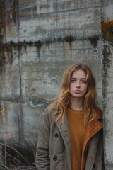Fototapeta premium Young woman against the background of a concrete wall