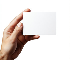 Close-up of hands holding a blank business card on a white background