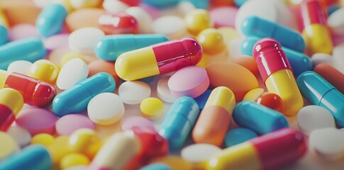 Colorful pills and tablets background. Close-up of various colorful pills in the style of architectural 