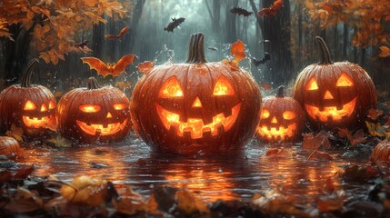 Naklejka premium Spooky Halloween pumpkins glowing in a misty autumn forest.