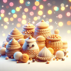 3D Bokeh Digital Art Traditional Pongal Sweets Soft Lighting Festive Decorations Rich Sweet Background Magazine Advertisement Copy Space Icon Isolated White Background