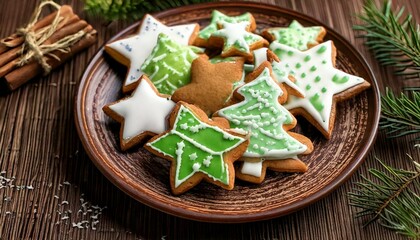 Biscoitos de Natal Decorados com Glacê em Prato Rústico close-up
