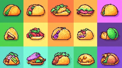 Colorful Taco Icon Set with Various Toppings