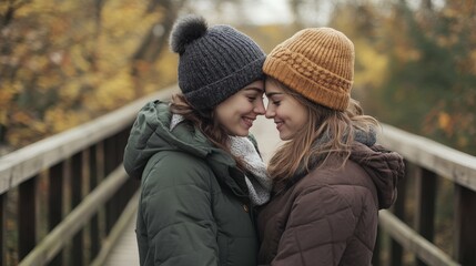 Fototapeta premium Two women in winter coats hugging on a wooden bridge, natural autumn tones, cool daylight,
