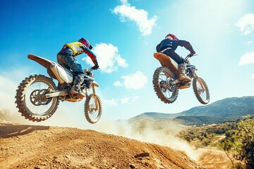 Group of motocross riders racing through a muddy track, splashing mud