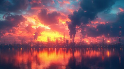 Fototapeta premium Industrial skyline at sunset with smoke and reflections on water.