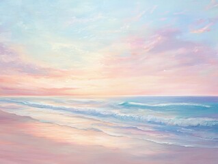 Fototapeta premium A serene coastal scene with soft pastel colors depicting a gentle shoreline, waves lapping the beach under a tranquil sky at sunset.