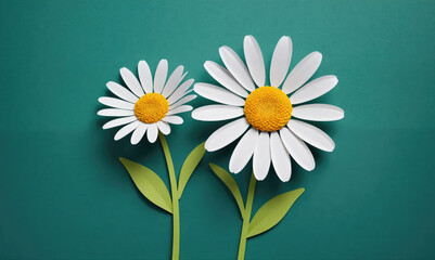 Two paper daisies with green stems are on a teal background