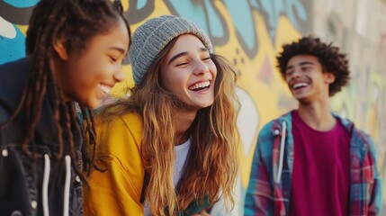 Fototapeta premium Teenagers with skateboards laughing together near a graffiti wall, casual streetwear, vibrant colors, afternoon light,