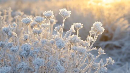 Frost-covered wildflowers in a field bathed in the warm glow of sunrise.