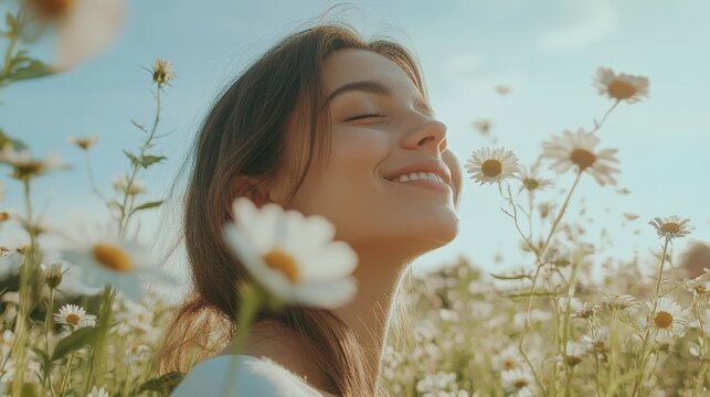 Cheerful woman smelling flowers in a wildflower field, blurred natural landscape