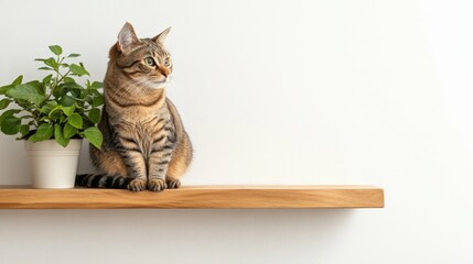 cat sitting on wooden shelf next to potted plant in minimalist room