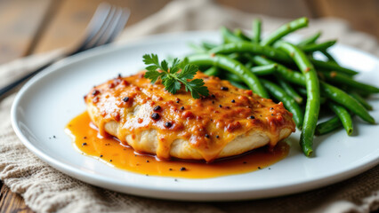 Delicious Marry Me Chicken with a creamy sauce, garlic, and green beans on a plate ready to eat.