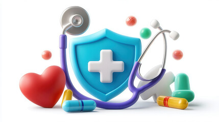 3D medical icon featuring stethoscope, shield, heart, and various pills, symbolizing health and security. This vibrant illustration conveys sense of care and protection in healthcare