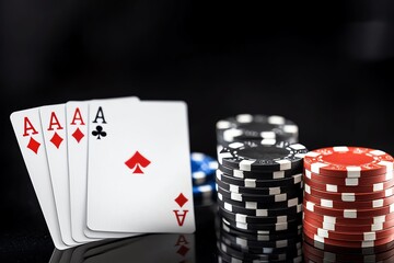 Obraz premium Close-up of a poker hand with four aces and stacks of colorful poker chips against a dark background. Perfect for themes of gambling, strategy, and leisure activities.