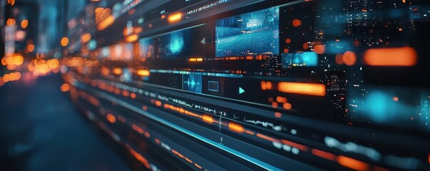 Fototapeta premium A vibrant, futuristic digital display showcasing flowing data streams and glowing graphics.