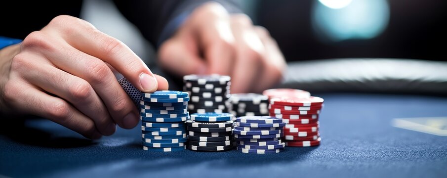 Close-up of a hand arranging colorful poker chips on a casino table, symbolizing strategy and chance in a game of high stakes.